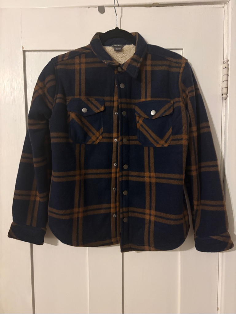 Boys Eddie Bauer Navy And Brown Plaid Sherpa Collar Jacket